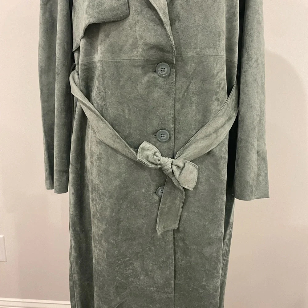 Anthropologie Blank NYC Green Faux Suede Plush Belted Trench Coat Jacket Sz XS - Picture 7 of 14